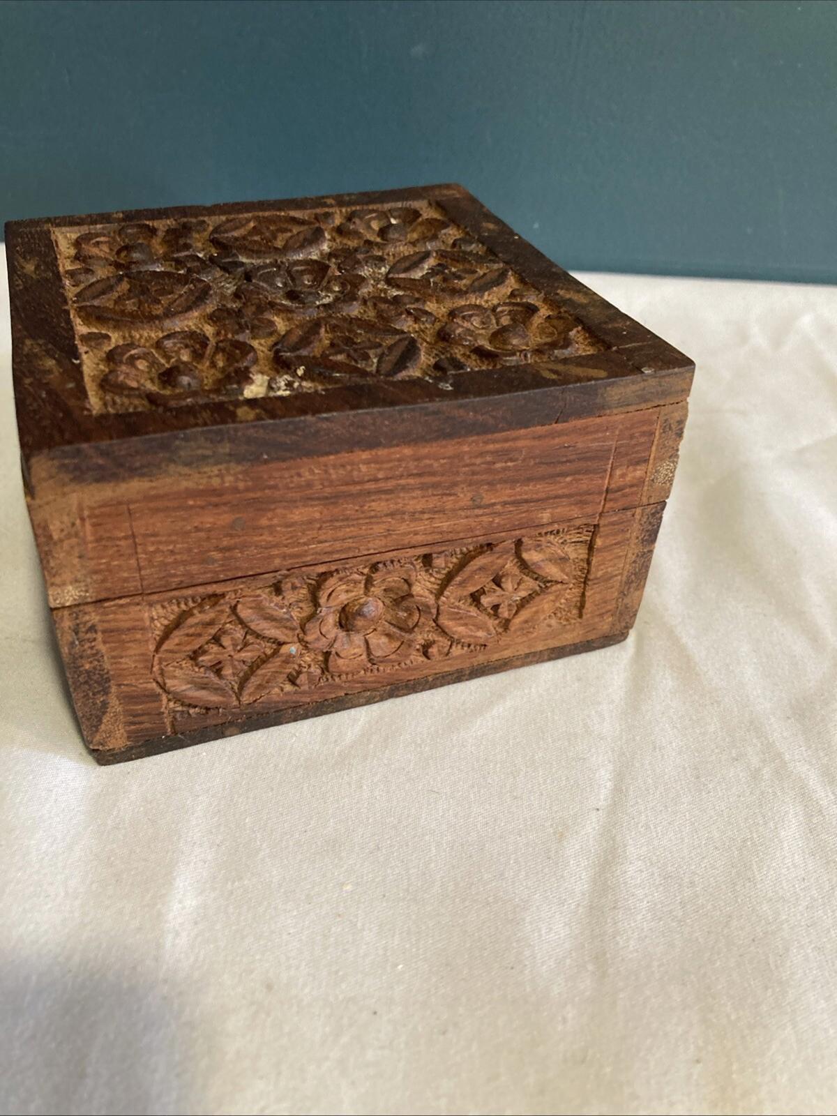 Vintage Carved Wood Trinket Box with Purple Velvet Lining – Made in India