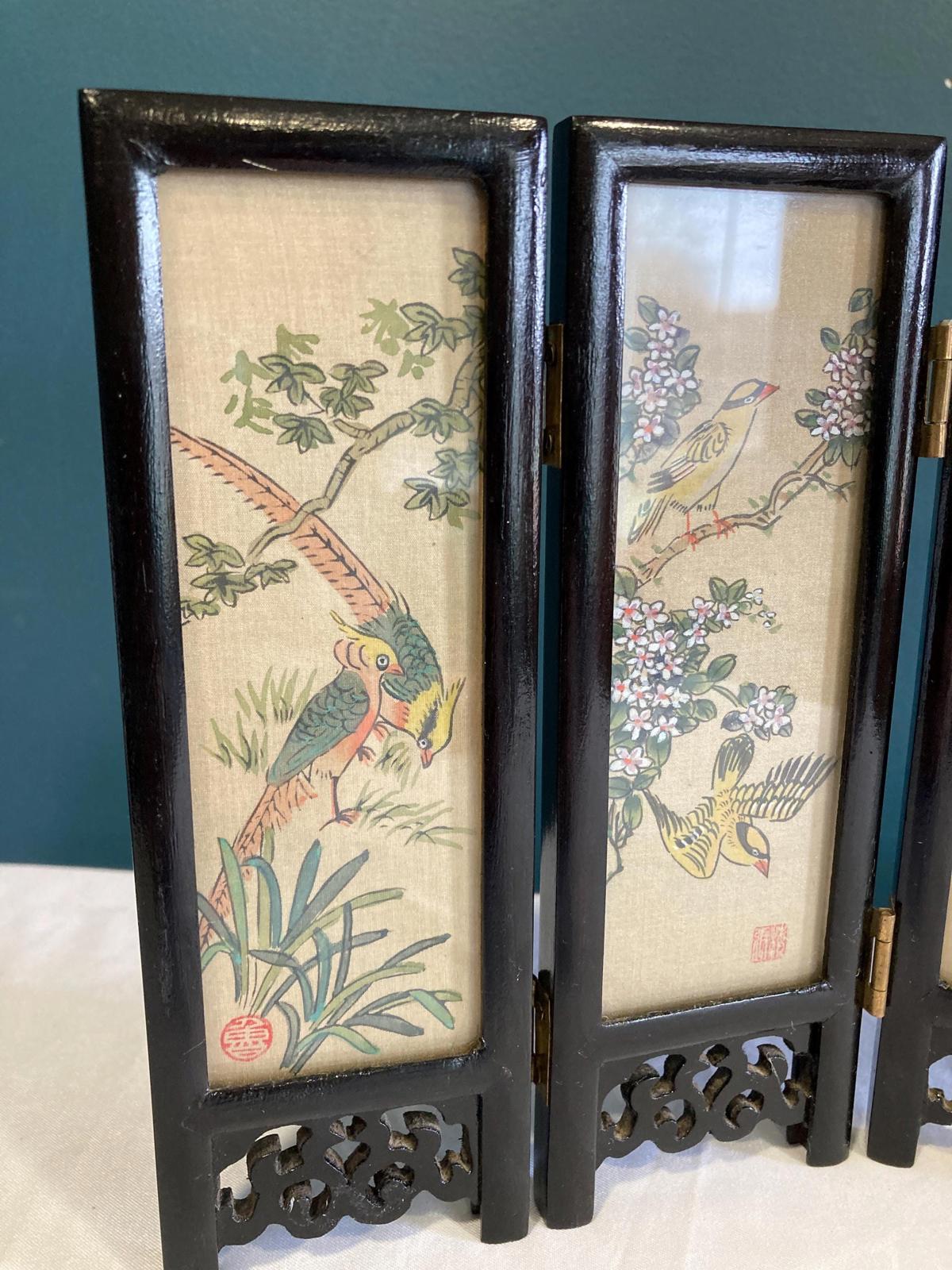 Vintage Small Asian Folding Table Top Hand Painted Screen