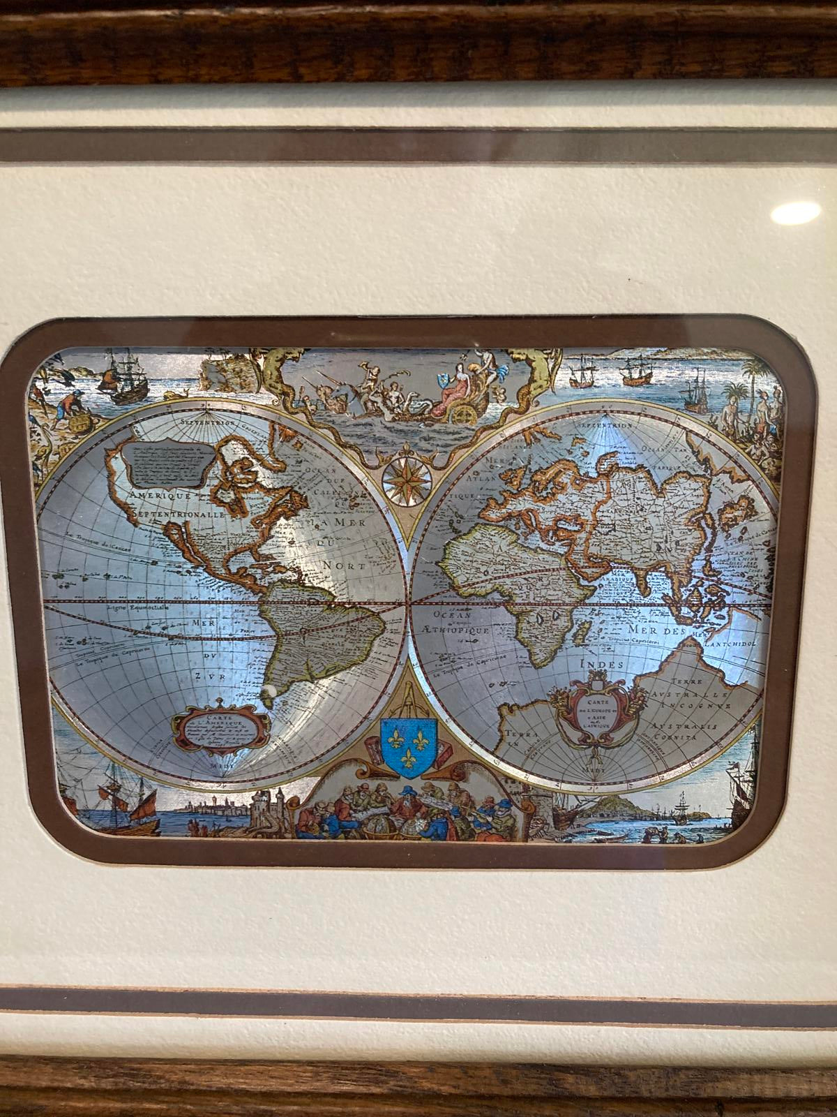 Framed Vintage World Map Print – Double Hemisphere Nautical Map
