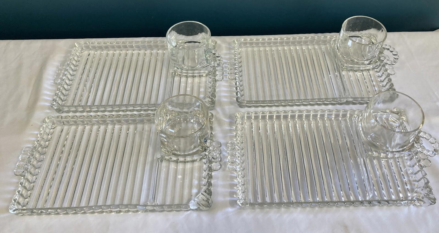 VTG Hazel Atlas Sip N Smoke Snack Set – 4 Trays & Cups w/ Box, MCM Luncheon Set