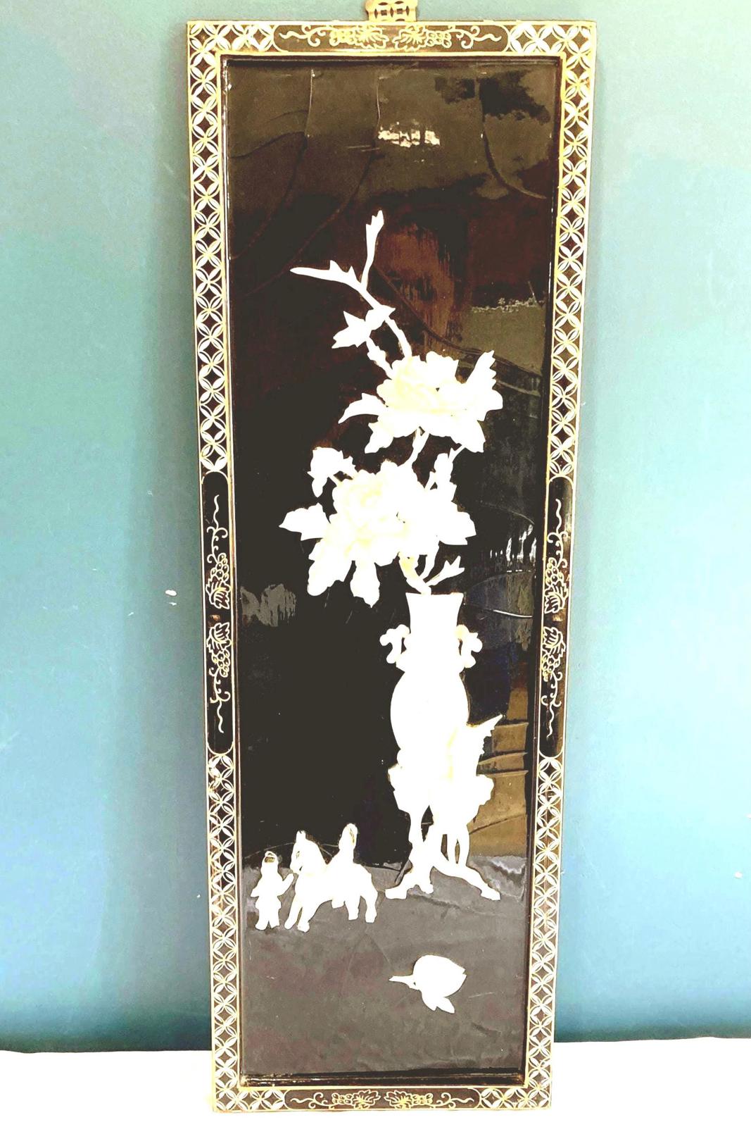 1960s Asian Chinoiserie Mother of Pearl Wall Panel With Black Lacquer