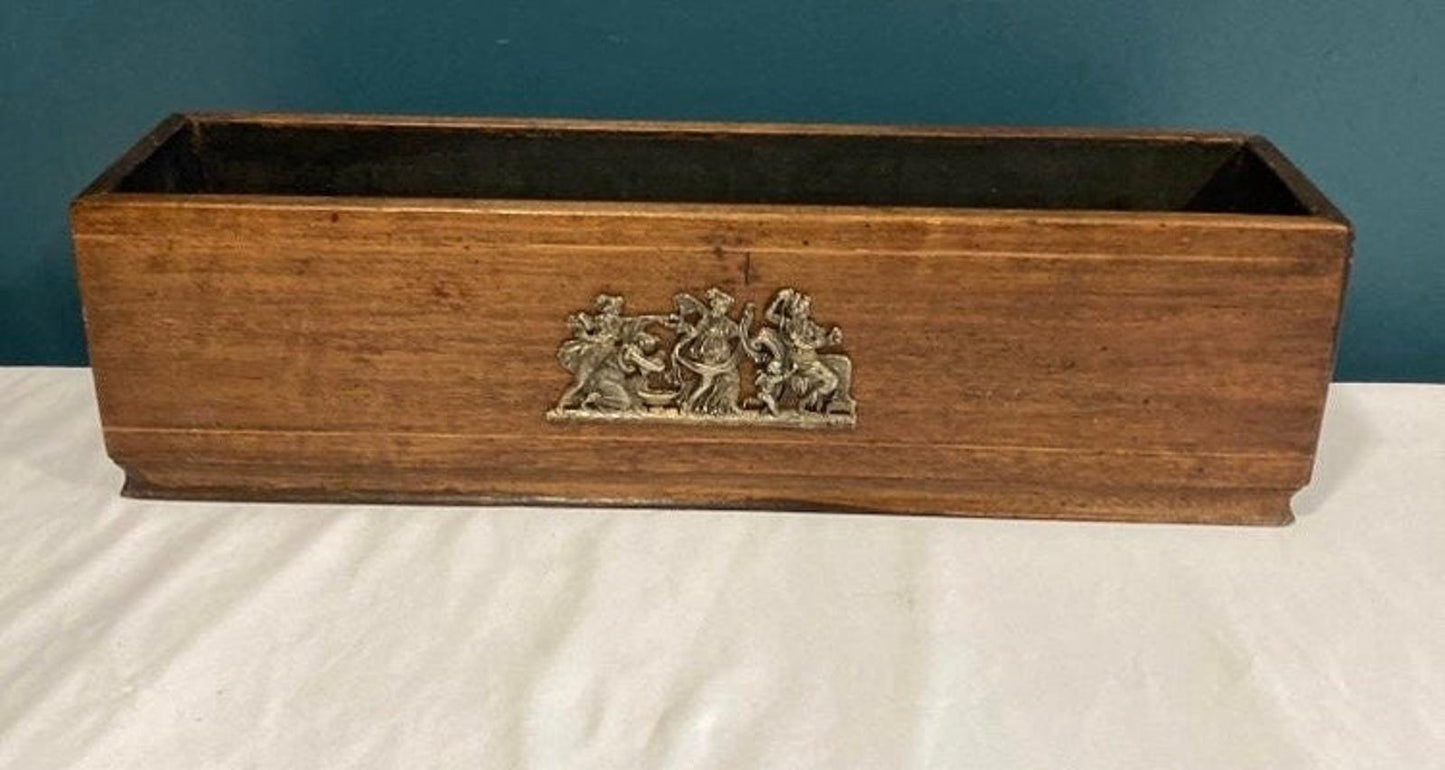 Vintage Wood Box With Brass Greek Scene