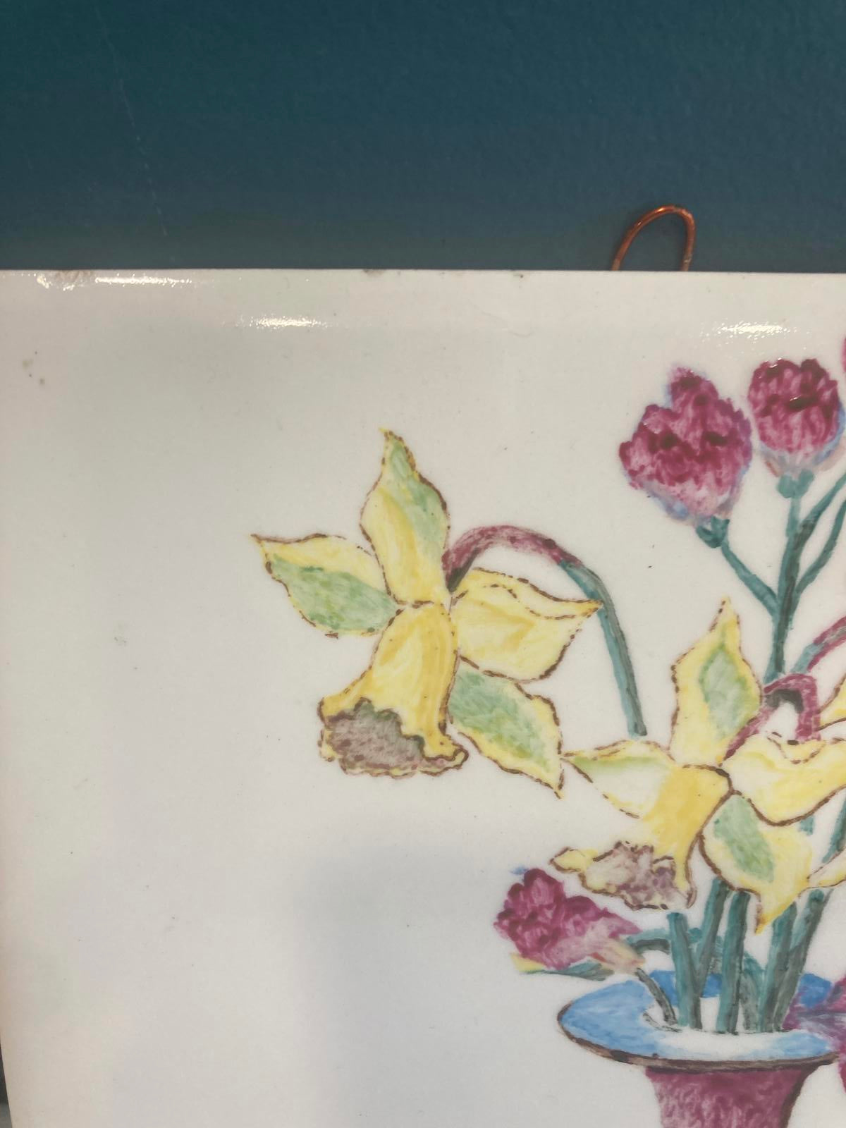 Hand Painted Floral Ceramic Tile 1950– Daffodils & Carnations Wall Art