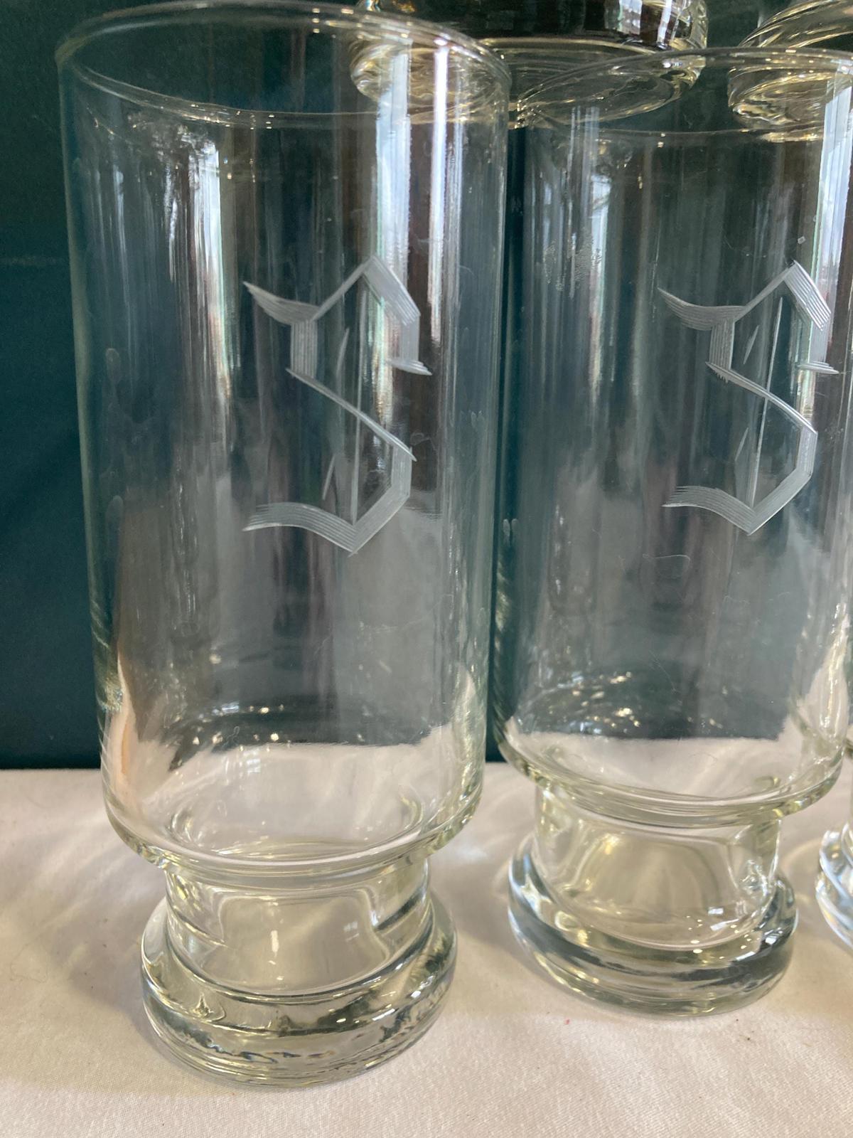 Vintage "S" Etched Tall Glasses, Set of 12