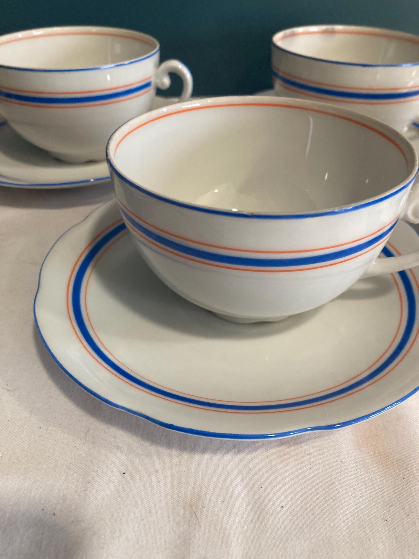 Vintage Orange & Blue Stripe Czechoslovakian Tea Cups, Set of 6