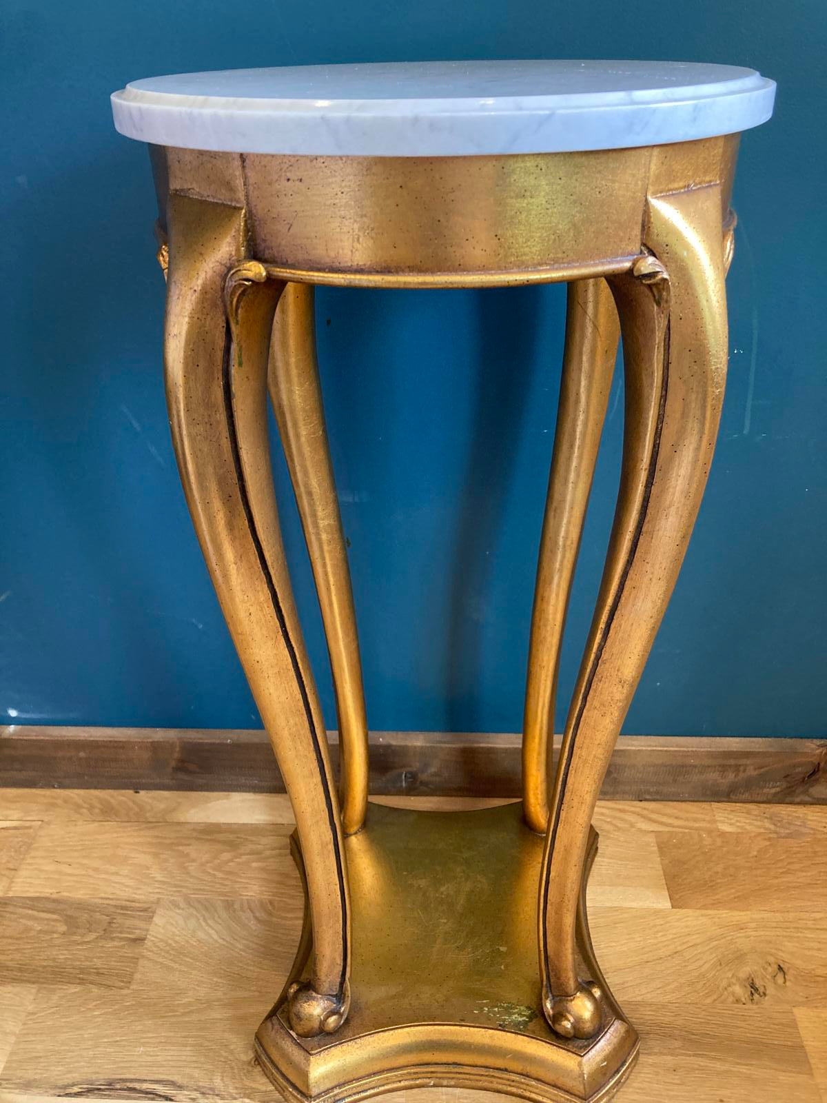Vintage Giltwood Gold Pedestal Table with White Marble Top