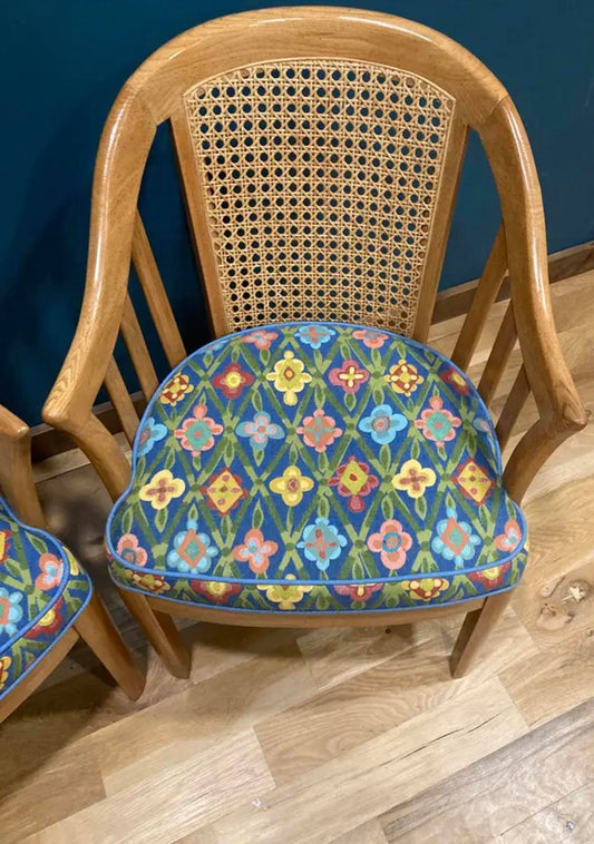 Vintage Cane Back Accent Chairs with Blue Floral Upholstery, Set of 2