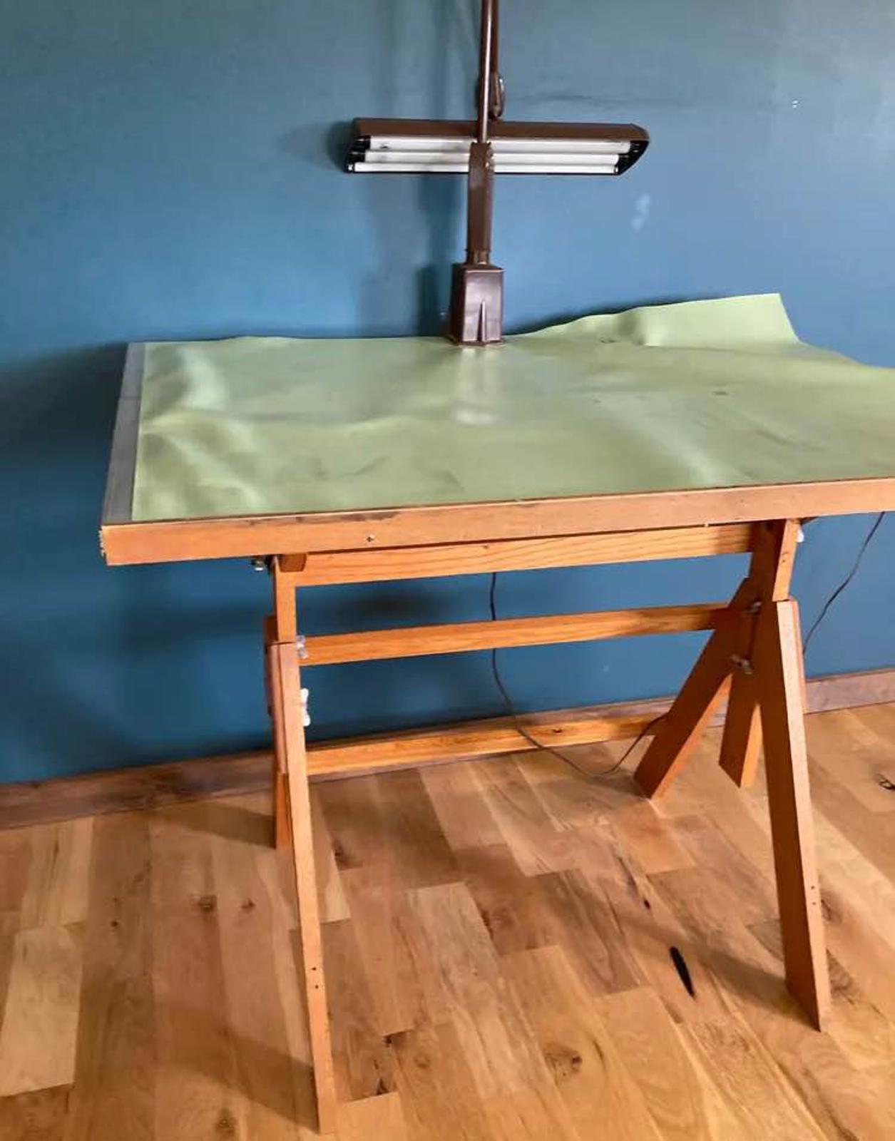 Mid-Century Oak Drafting Table With Adjustable Lamp – Vintage Artist Desk