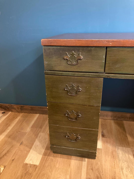 Mid Century Bassett Wooden Desk, Green Stained Solid Wood Desk, 7 Drawer Writing Desk, Vintage Office Furniture