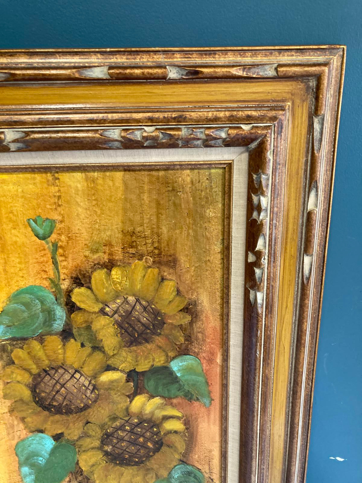 Vintage Sunflower Oil Painting in Carved Frame | Rustic Wall Art | Vintage Finds
