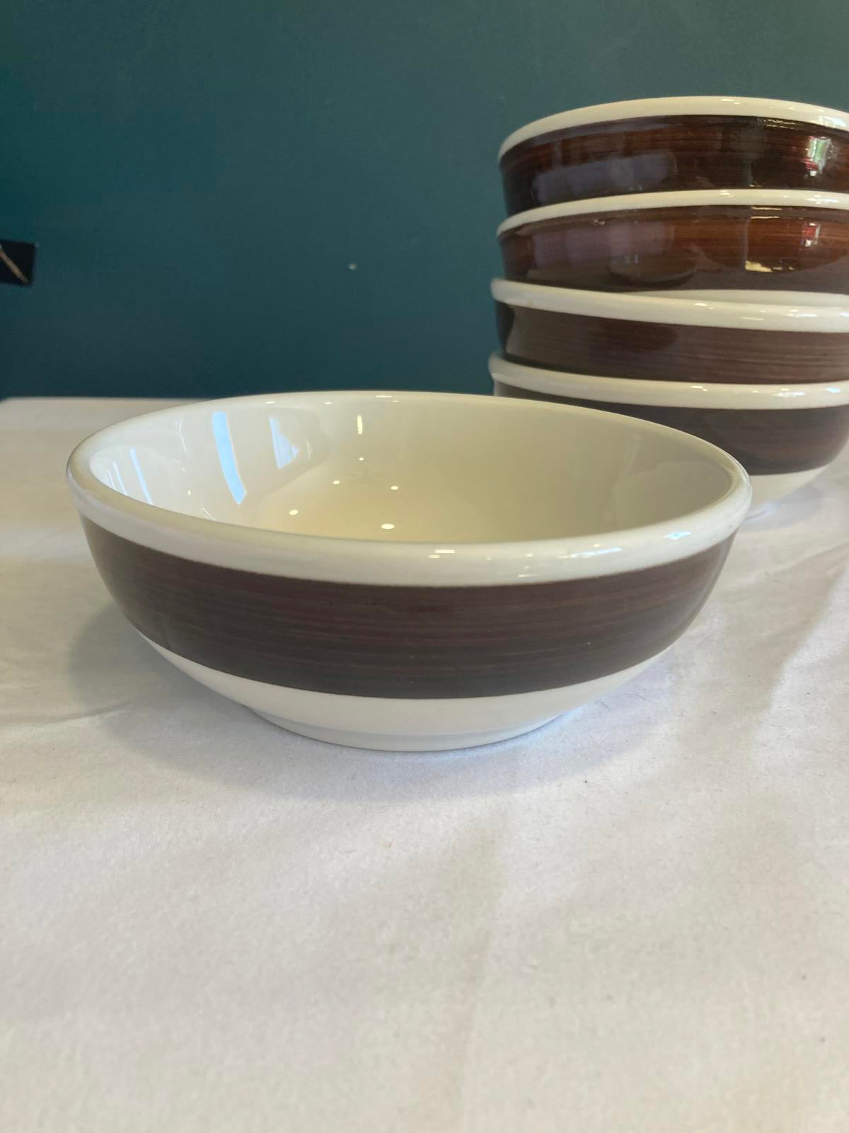 Vintage Homer Laughlin White Ceramic Bowls with Brown Woodgrain Stripe, Set of 6