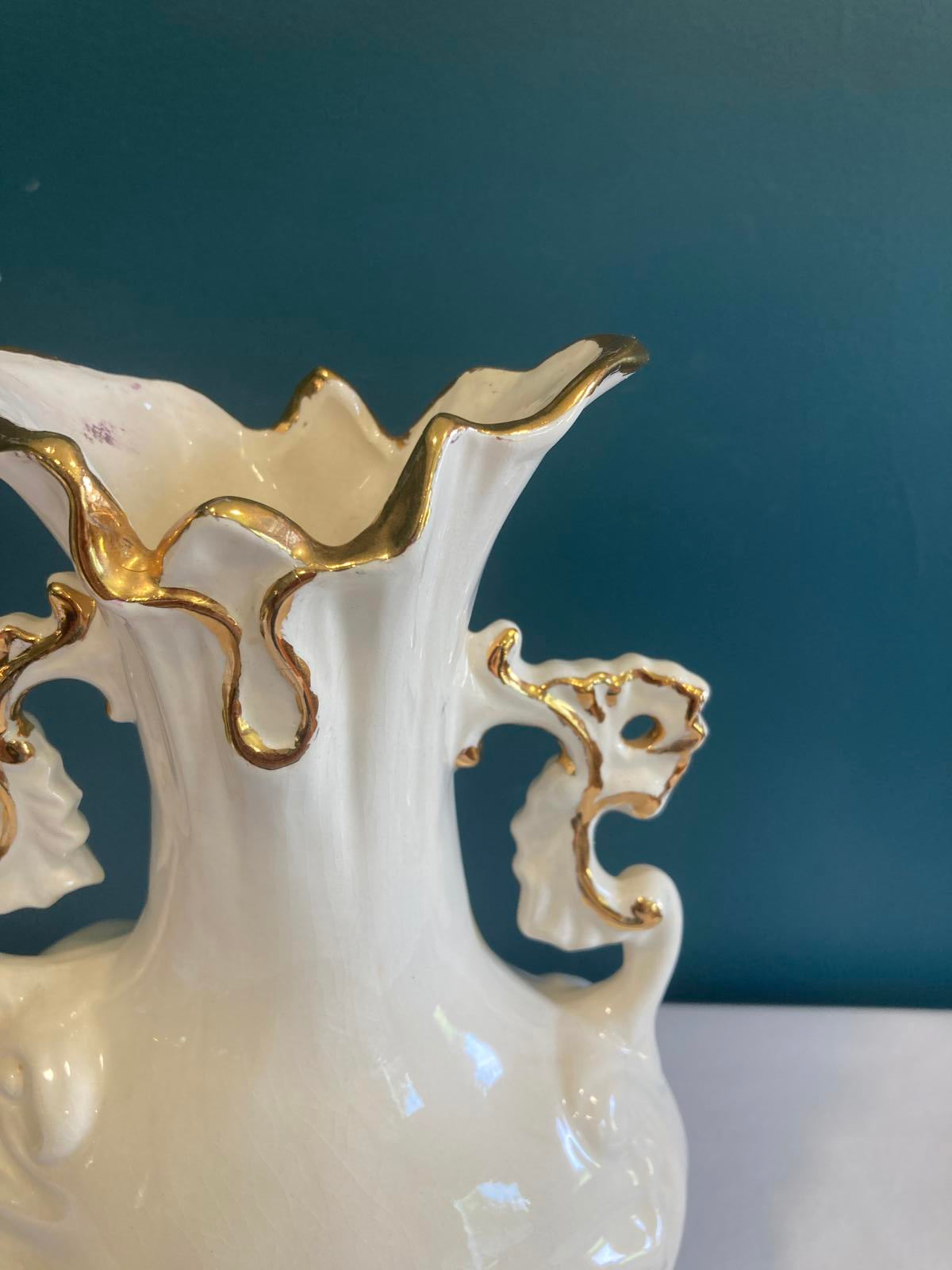 White Ceramic Vase with Gold Trim – Rococo Revival Scroll Handles