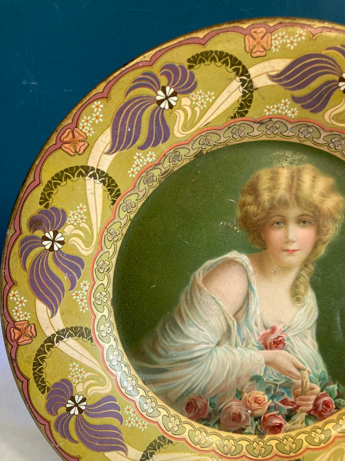 Royal Saxony “Flower Girl” Decorative Metal Plate by Chas W. Shonk Co. Chicago