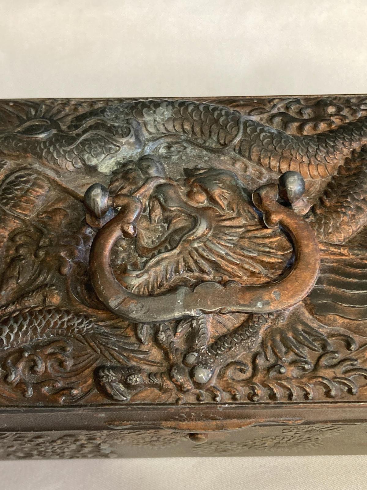Antique Japanese Copper Box with Ornate Dragon Lid