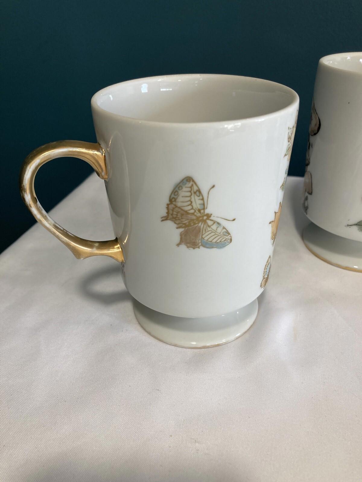 1970s Hand Painted Mushroom & Butterfly Mugs – Gold Trim – Signed Set of 2