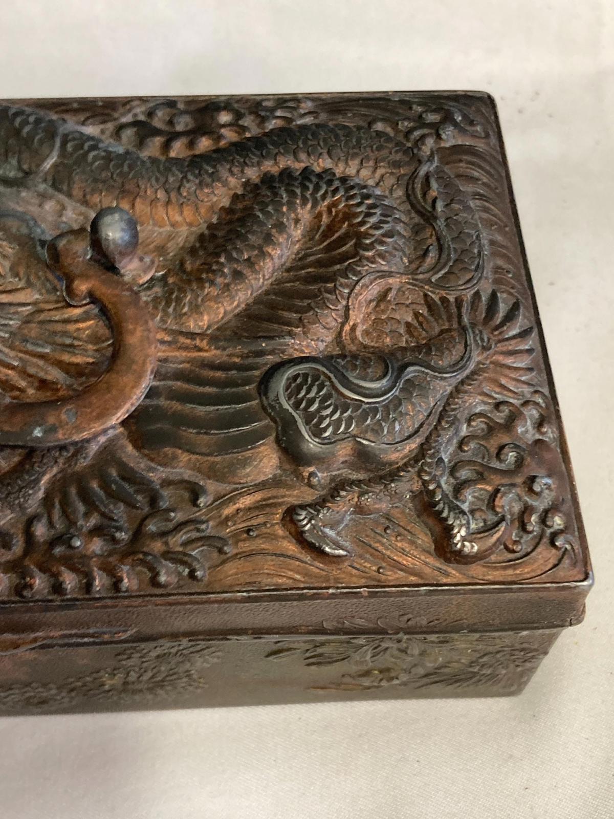 Antique Japanese Copper Box with Ornate Dragon Lid