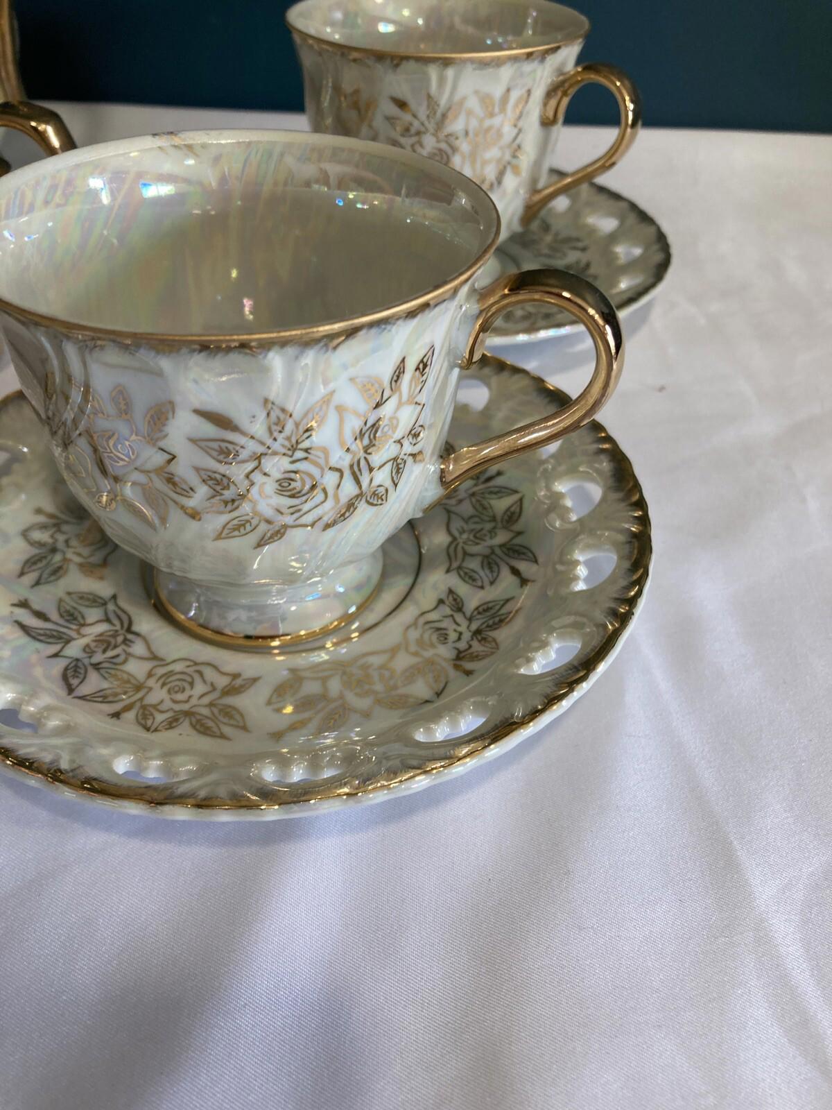 Kudo Toki Gold Opalescent Tea Set – Cups, Saucers, Creamer, Sugar & Teapot