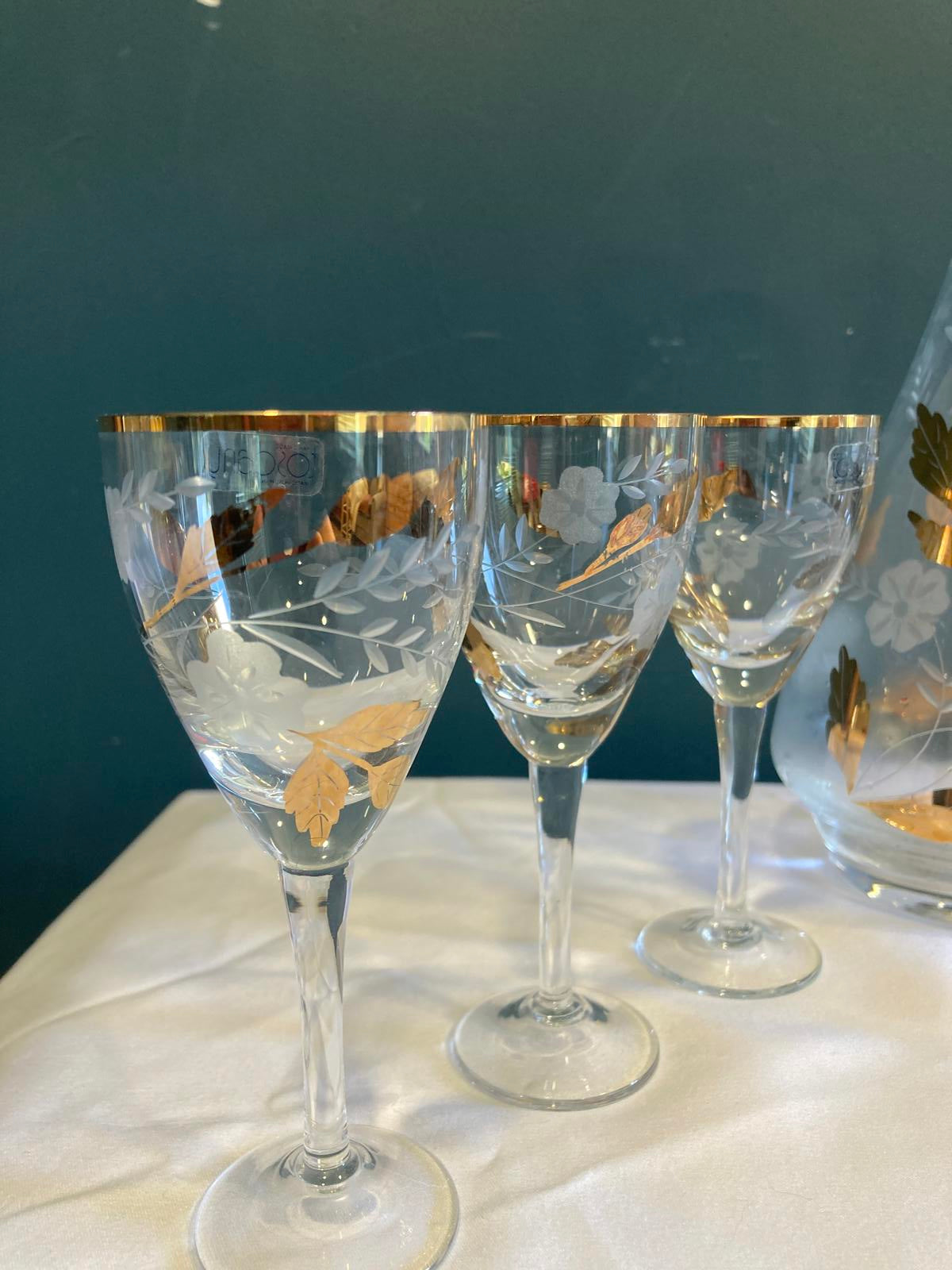 Toscany Gold Leaf Wine Glasses & Pitcher Set – 7 Pc Vintage Finds