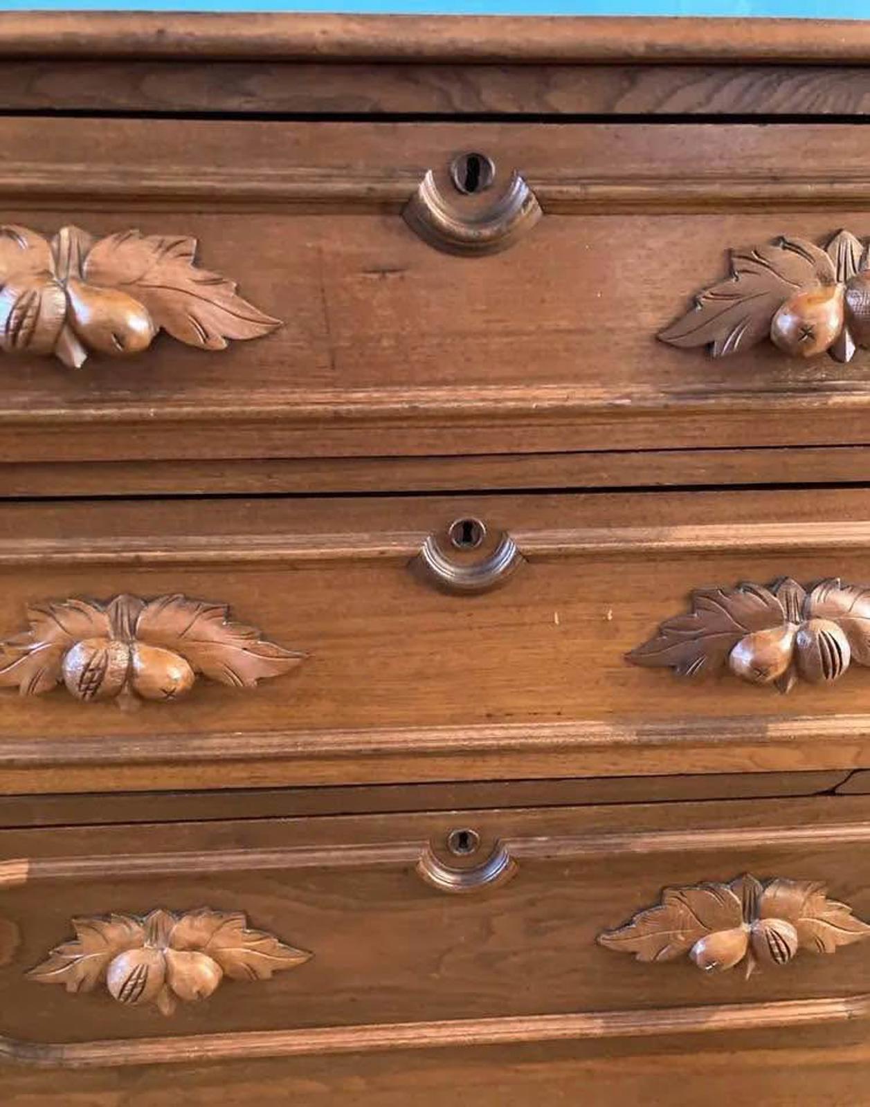 Antique Walnut Dresser with Acorn Carvings – 3 Drawer Chest