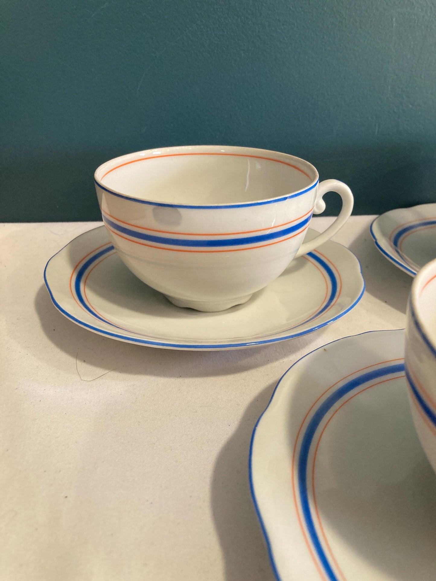 Vintage Orange & Blue Stripe Czechoslovakian Tea Cups, Set of 6