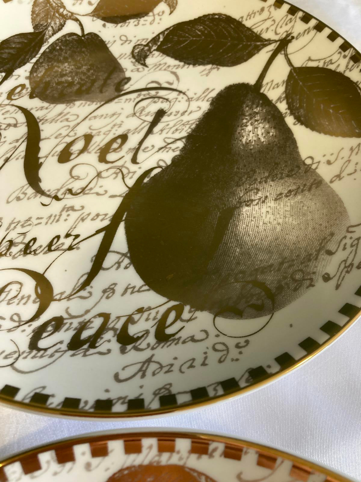 Set of 4 Restoration Hardware Noel Pear Dessert Plates Gold Script Holiday