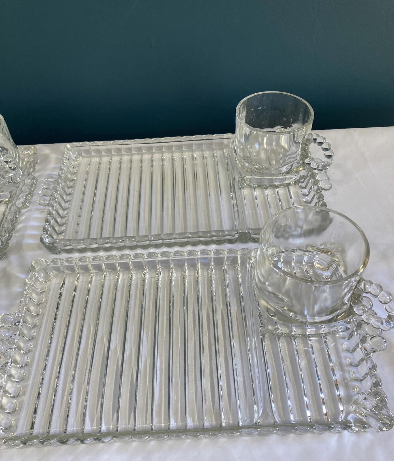 VTG Hazel Atlas Sip N Smoke Snack Set – 4 Trays & Cups w/ Box, MCM Luncheon Set