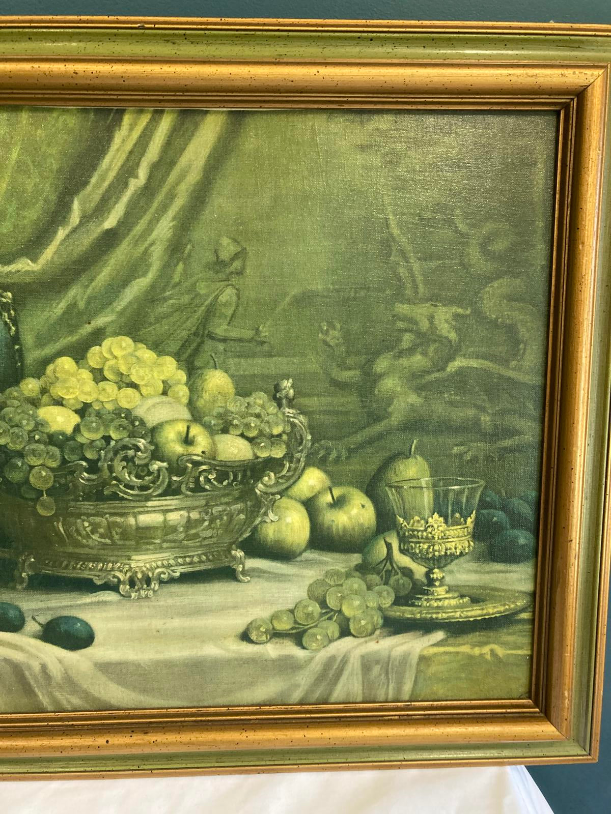 Vintage Framed Still Life Painting – Grapes, Goblet & Fruit, Gold Frame