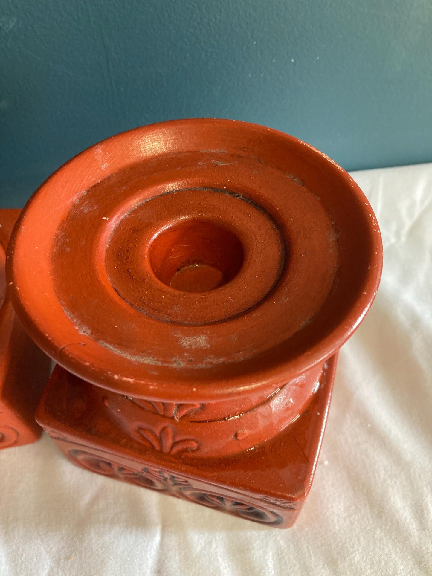 Vintage Brick Red Ceramic Candle Holder Stands, set of 3