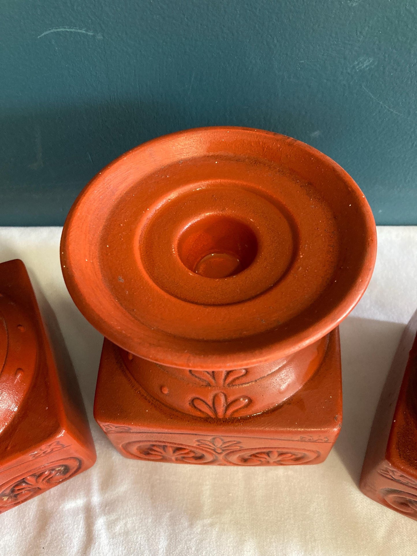 Vintage Brick Red Ceramic Candle Holder Stands, set of 3