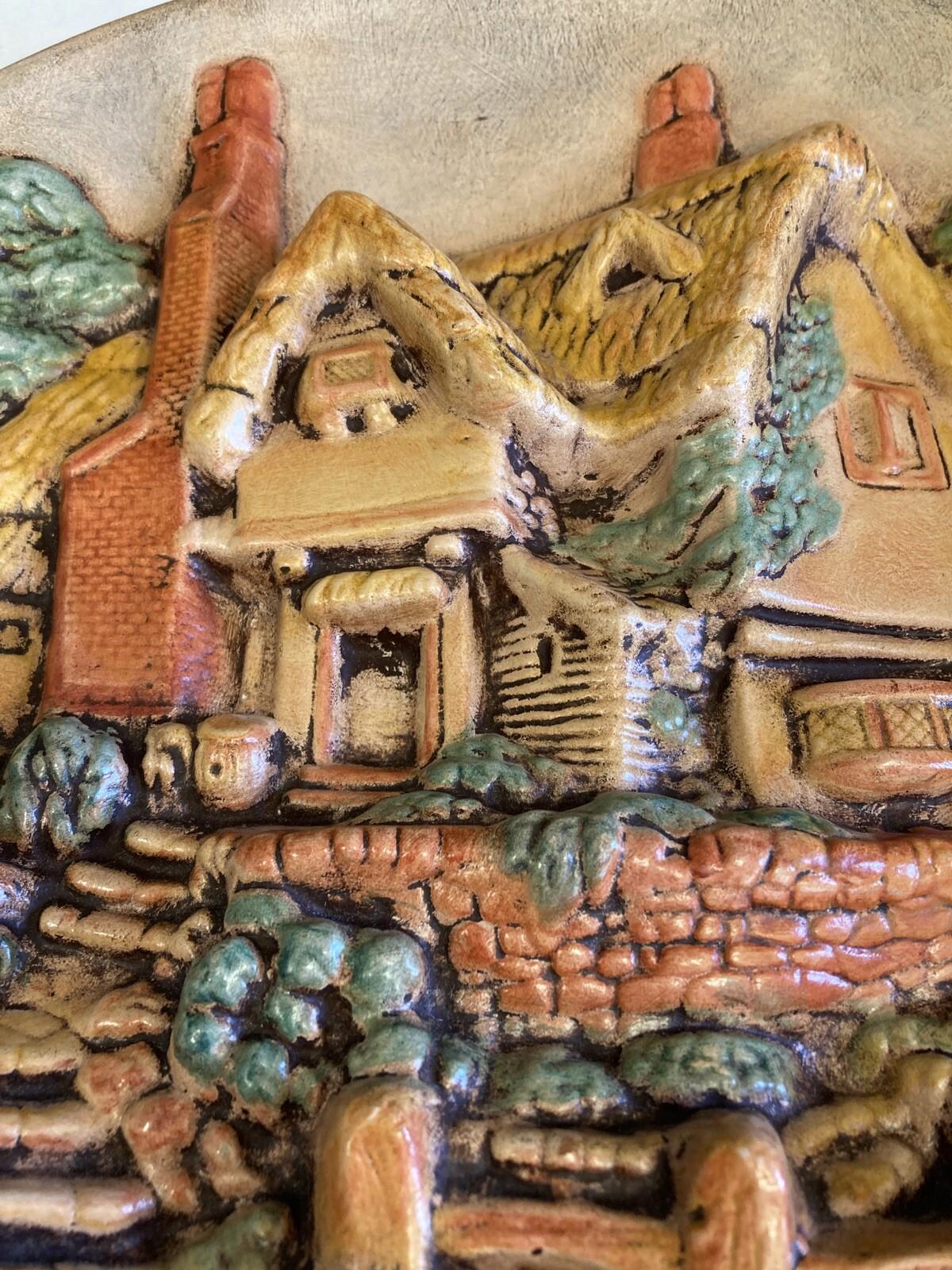 Vintage 3D Ceramic Wall Art Plate – Hand Painted Cottage Scene 11”