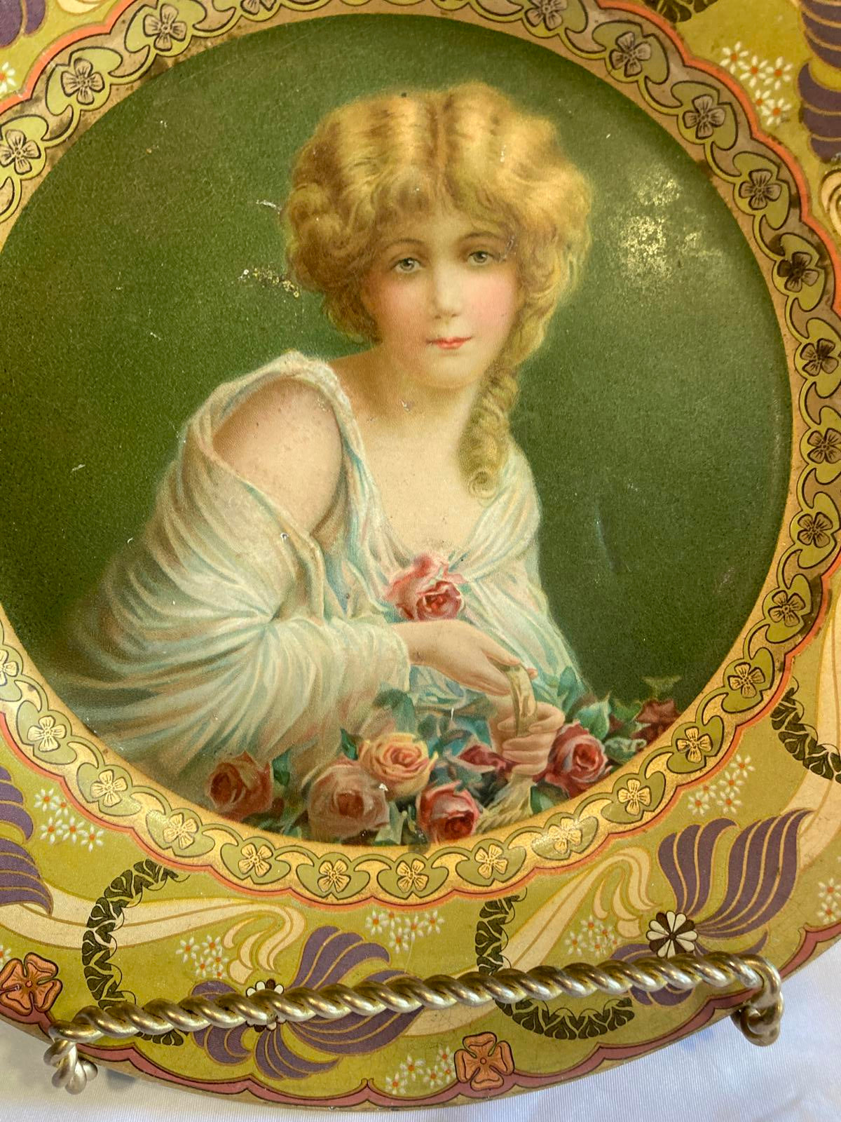 Royal Saxony “Flower Girl” Decorative Metal Plate by Chas W. Shonk Co. Chicago