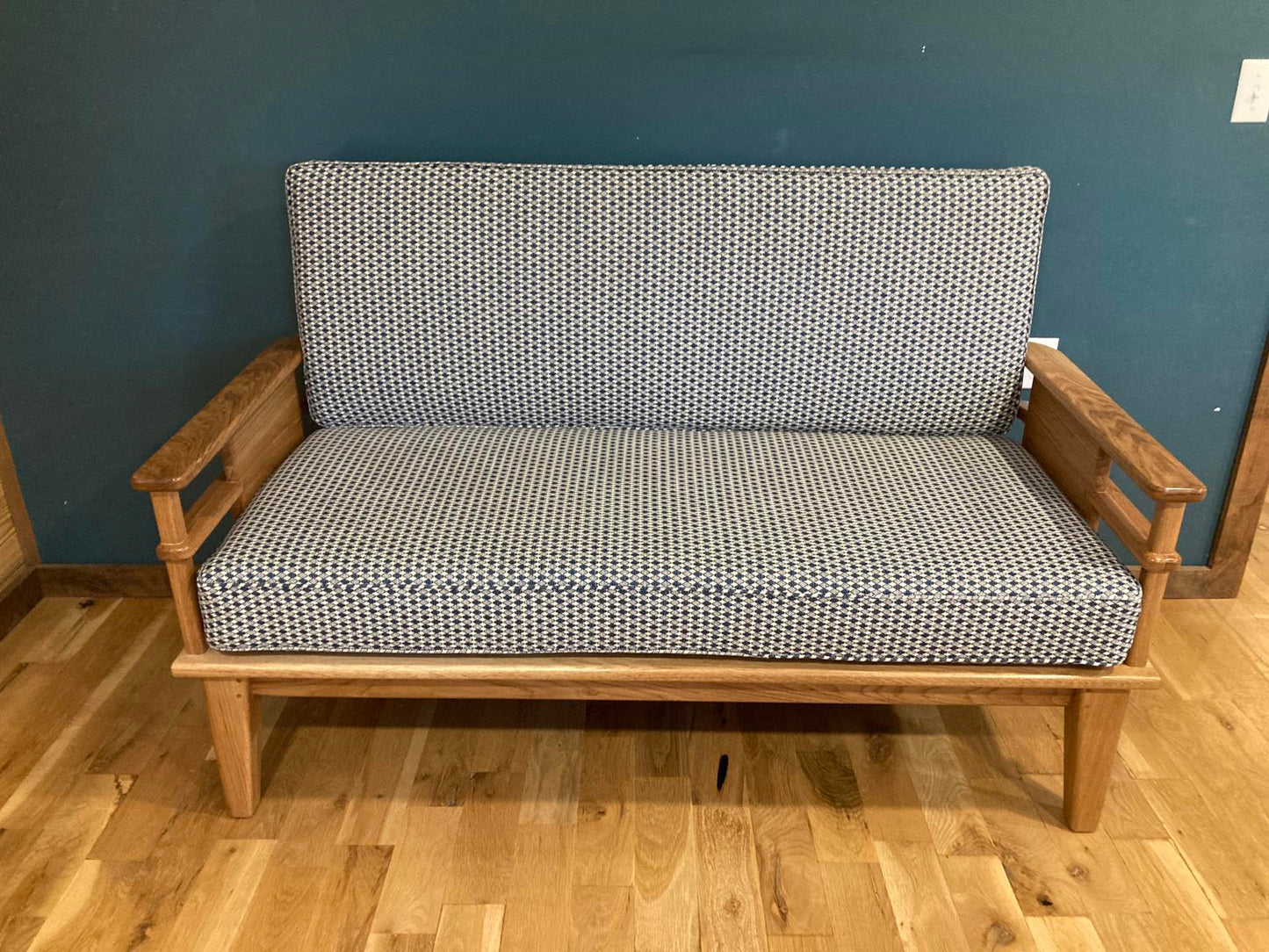 Handmade MCM Style Oak Loveseat with Custom Upholstery