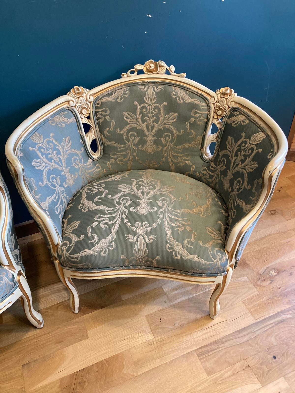 Pair of French Louis XV Style Bergère Chairs With Green Damask Upholstery