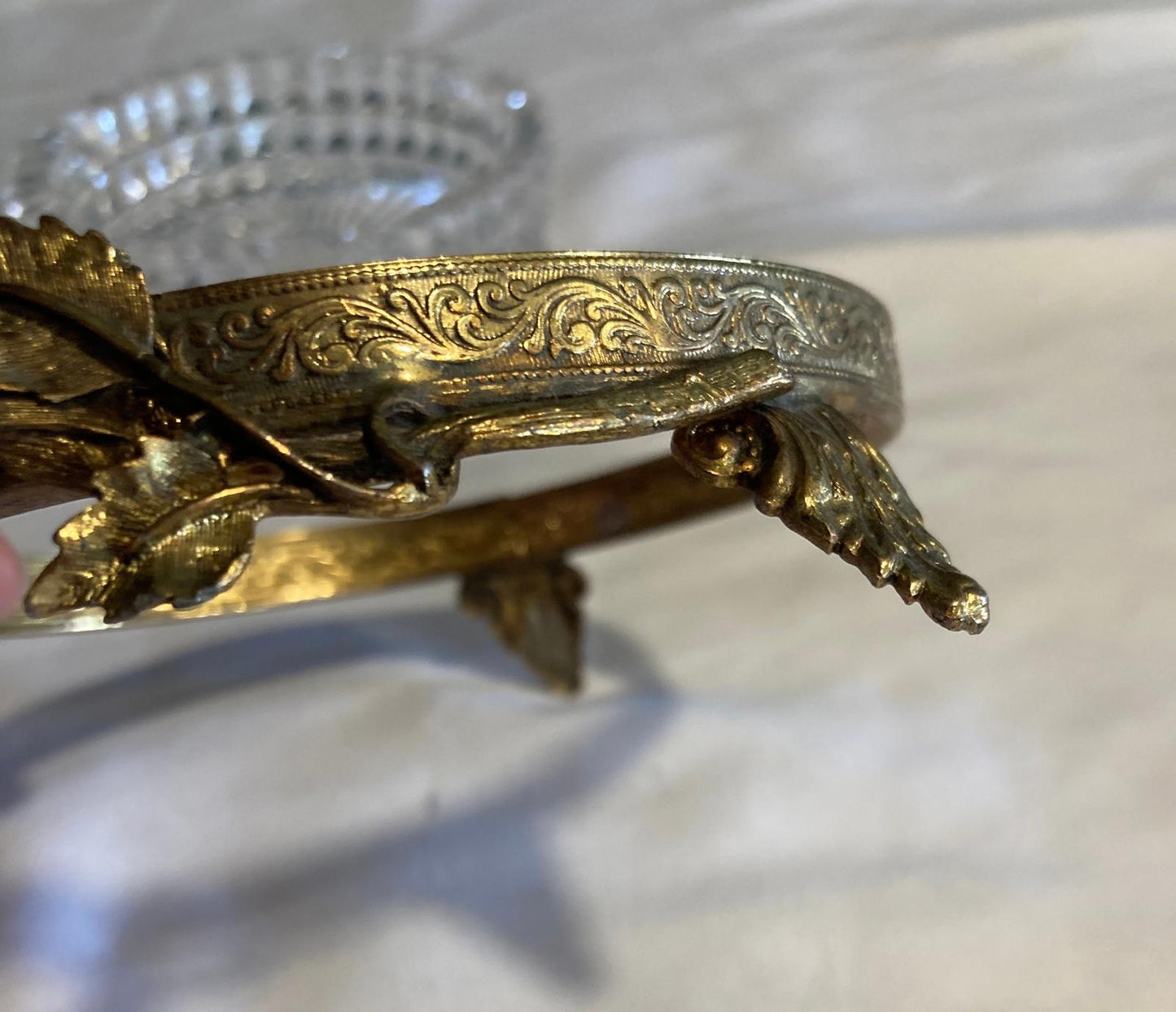 Vintage Crystal Ashtray with Ornate Brass Base Footed Ashtray with Floral Detail