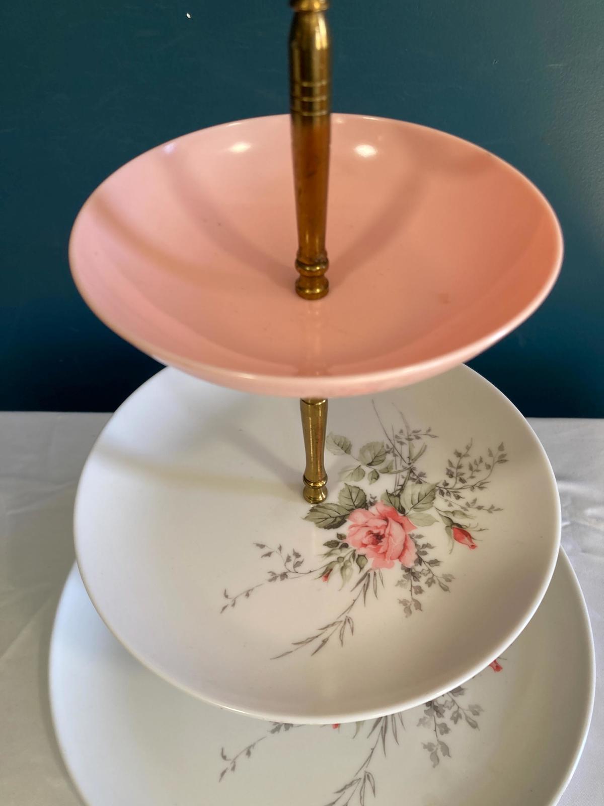 Mid-Century 3-Tiered Pink Roses Server With Brass Handle