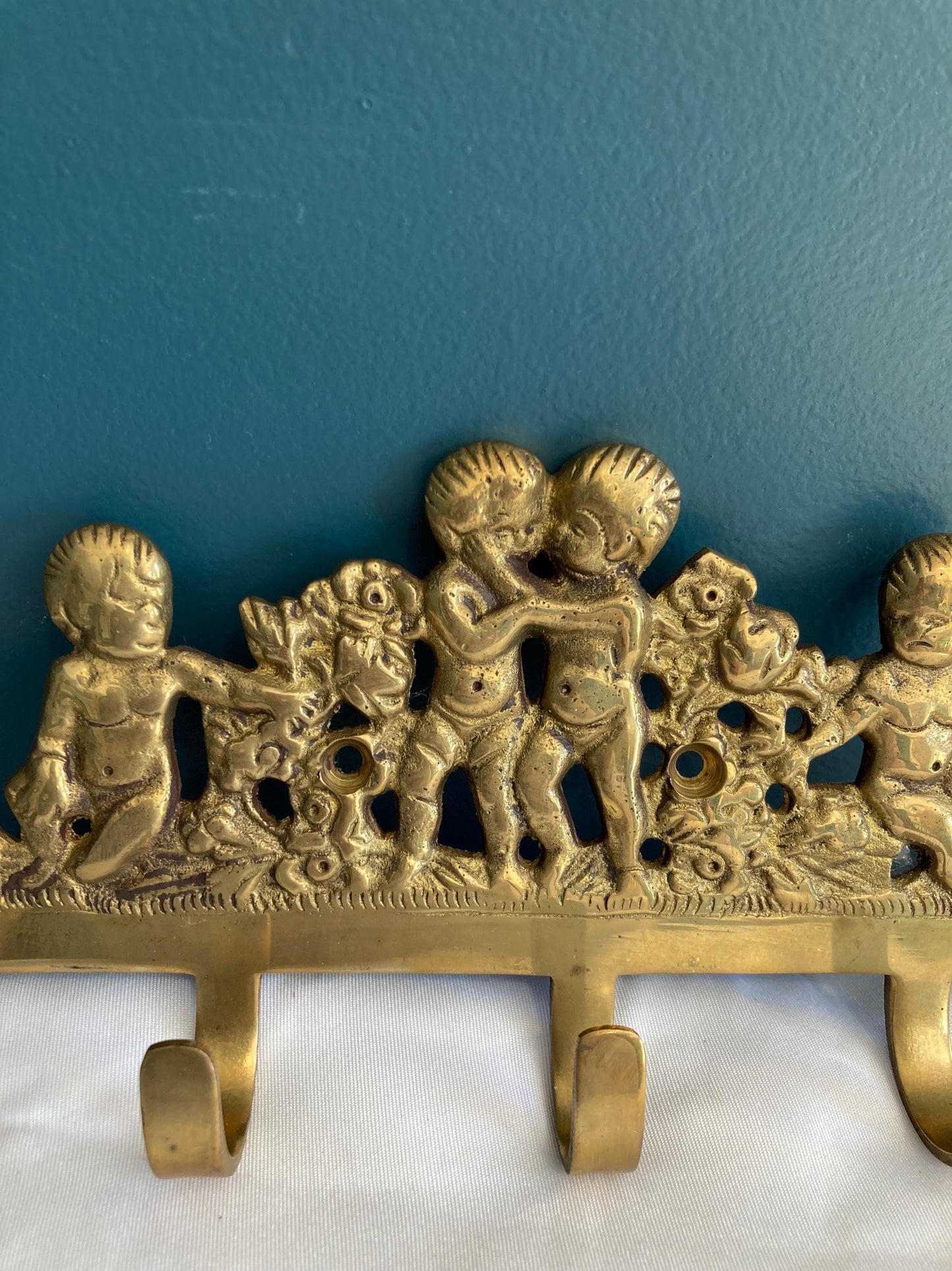 Vintage Solid Brass Cherub Hanger With 5 Hooks