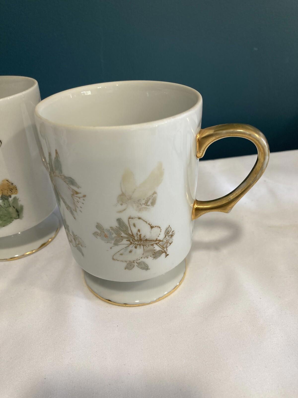 1970s Hand Painted Mushroom & Butterfly Mugs – Gold Trim – Signed Set of 2