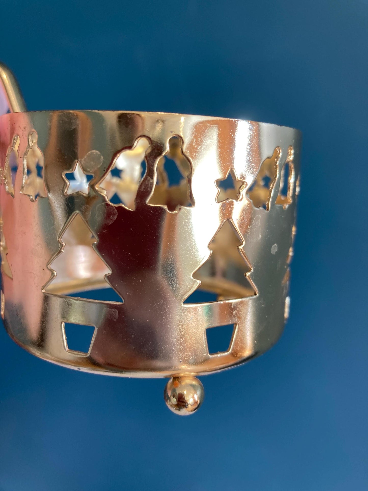 Vintage Gold Metal Cup Holders with Cutout Christmas Trees, Bells, & Stars, Set of 2