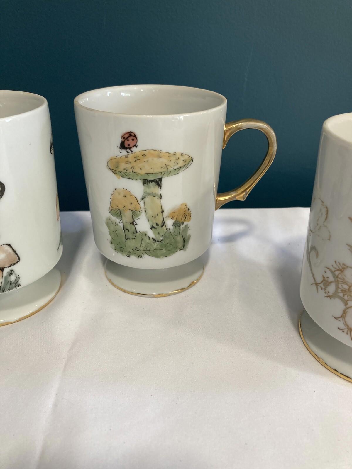 1970s Hand Painted Mushroom & Butterfly Mugs – Gold Trim – Signed Set of 2
