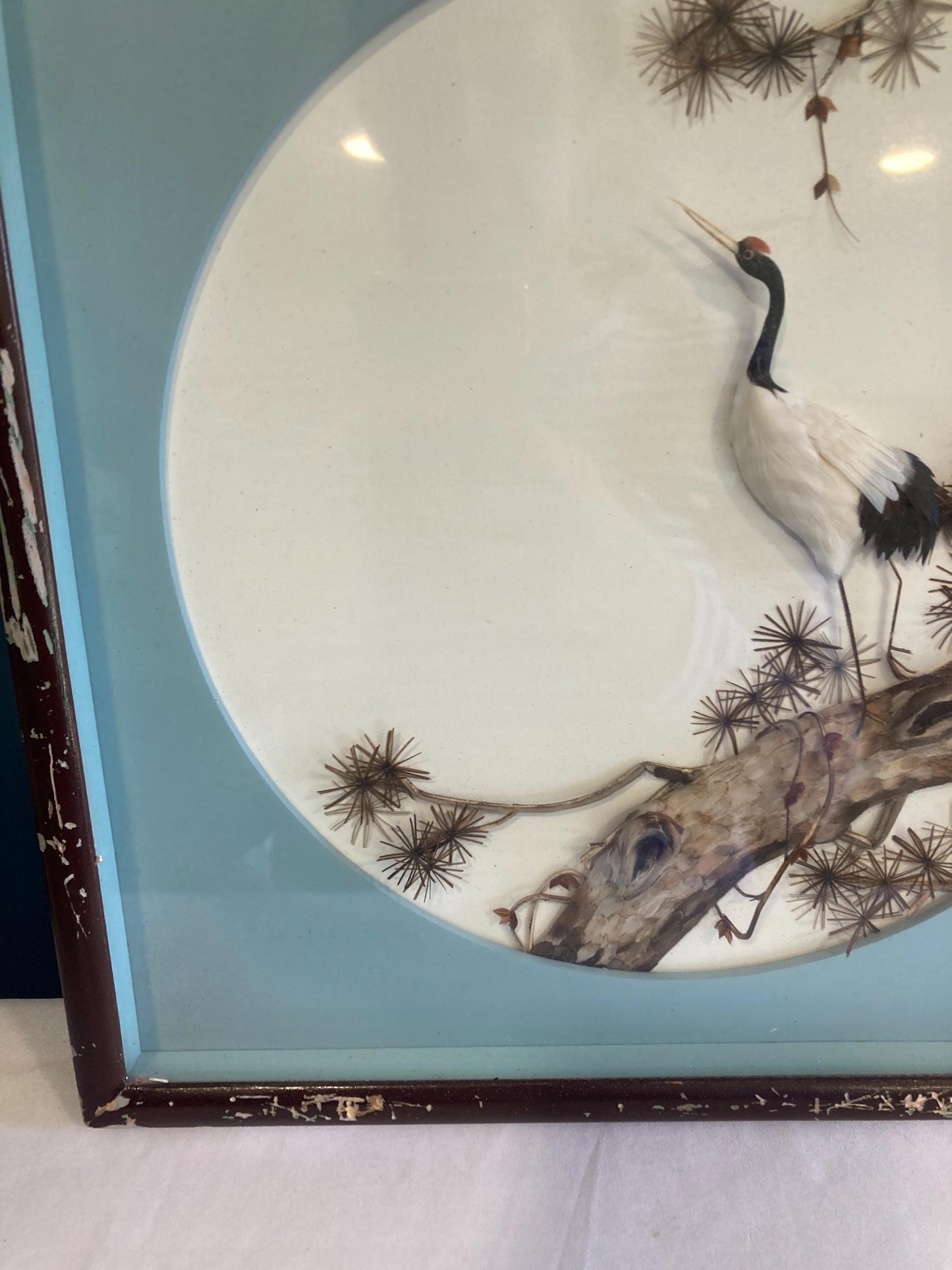 Vintage Chinese 3D Crane Picture Asian Mosaic Feather Art in Shadowbox wood Frame