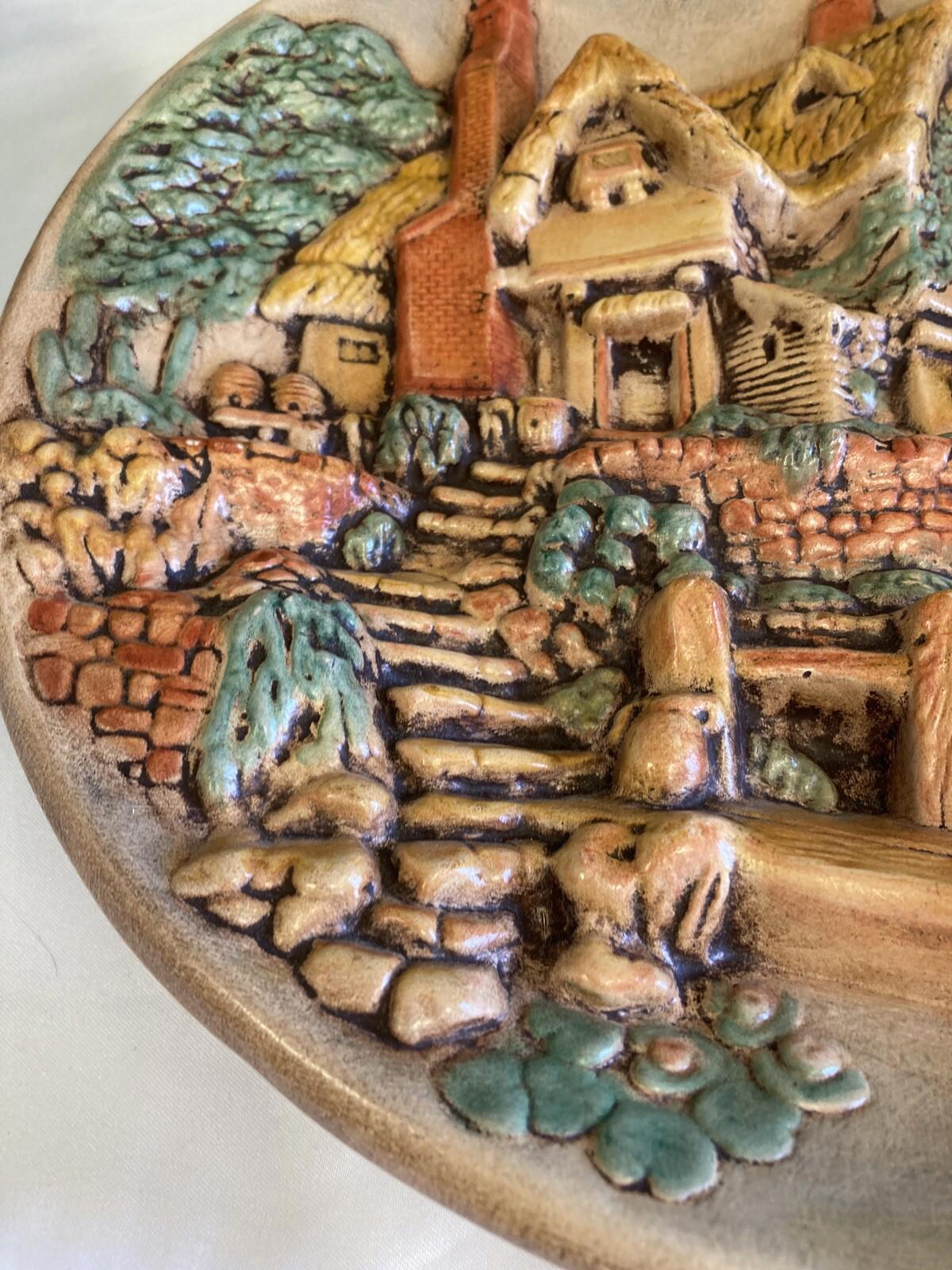 Vintage 3D Ceramic Wall Art Plate – Hand Painted Cottage Scene 11”