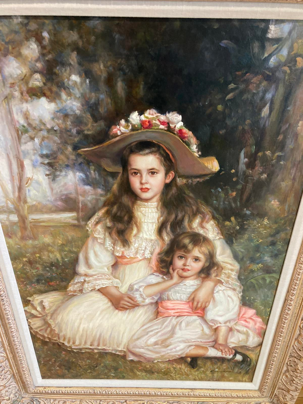 Large Framed Oil Painting – Sisters in Garden Scene