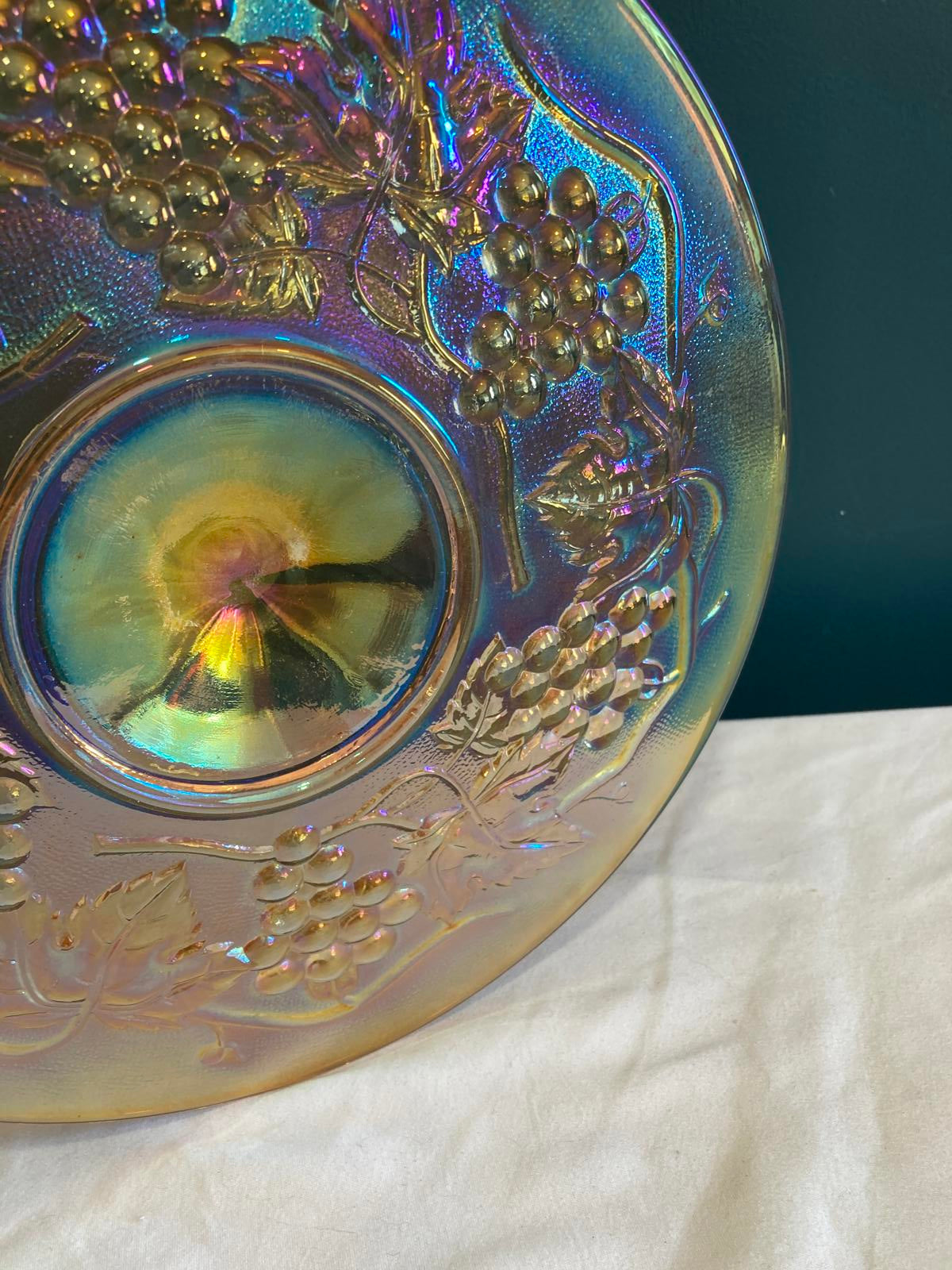 Vintage Amber Glass Cake Stand with Grape Design