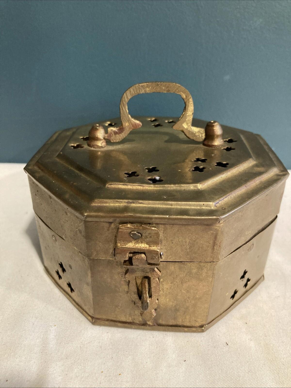 Vintage Pierced Brass Octagon Cricket Trinket Box – Hinged Lid, 4.4”