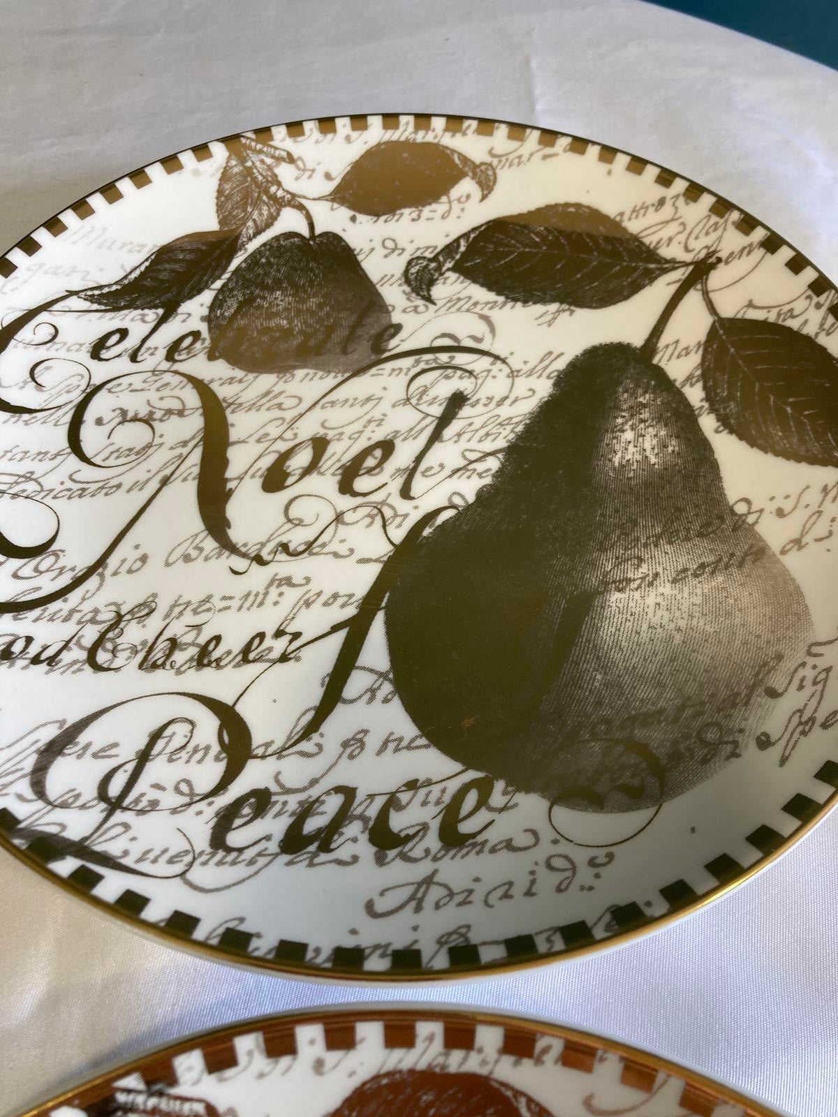 Set of 4 Restoration Hardware Noel Pear Dessert Plates Gold Script Holiday