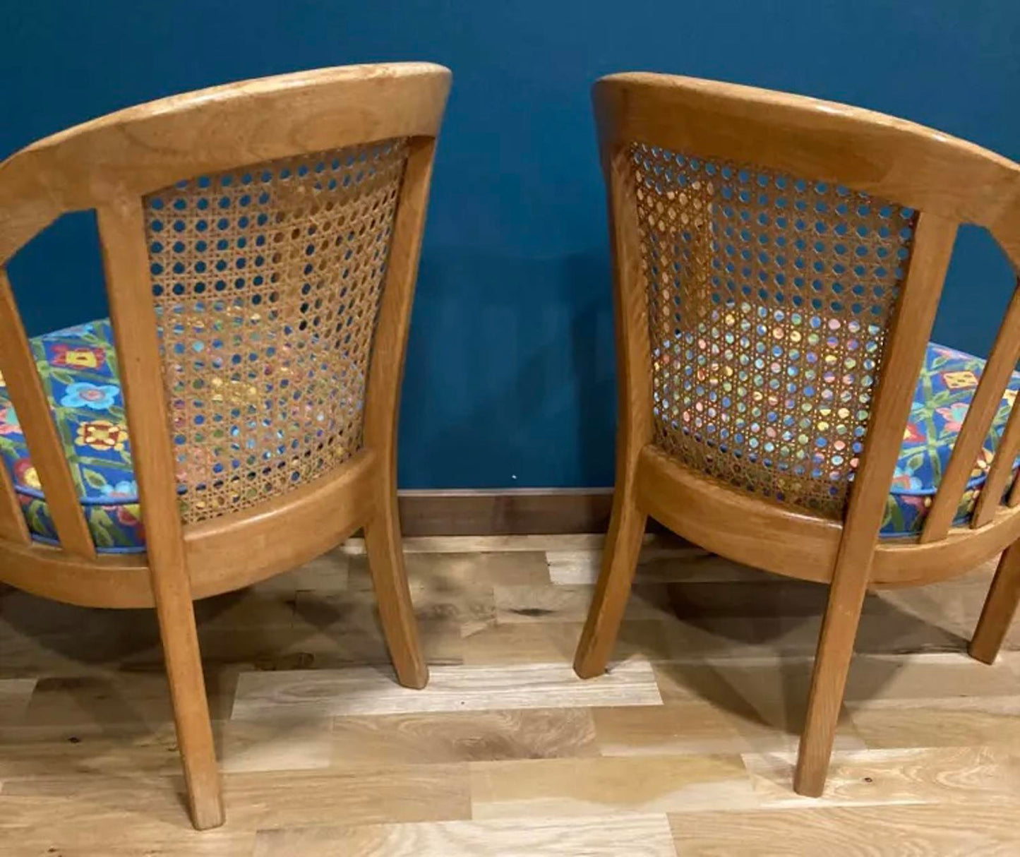 Vintage Cane Back Accent Chairs with Blue Floral Upholstery, Set of 2