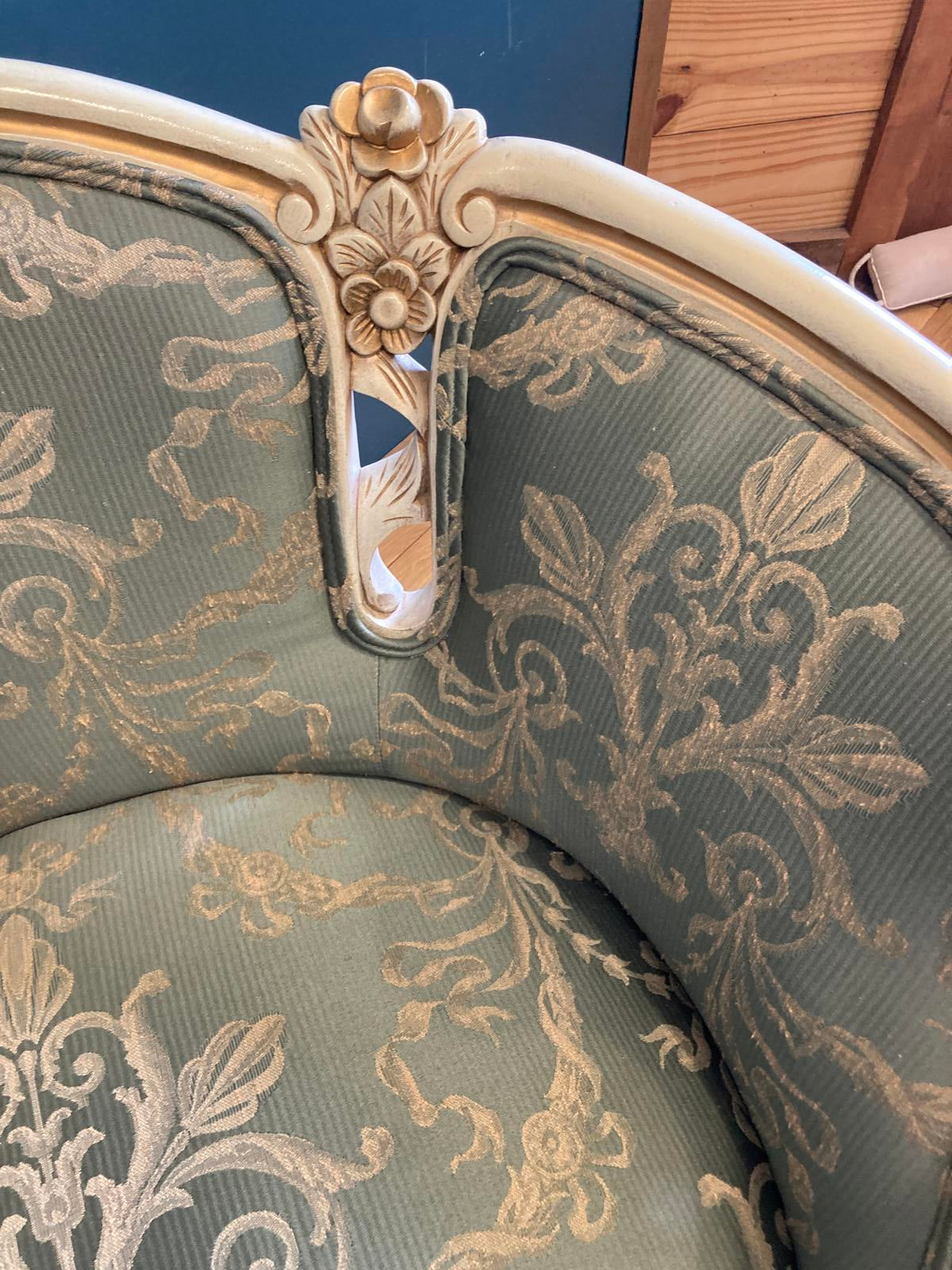 Pair of French Louis XV Style Bergère Chairs With Green Damask Upholstery