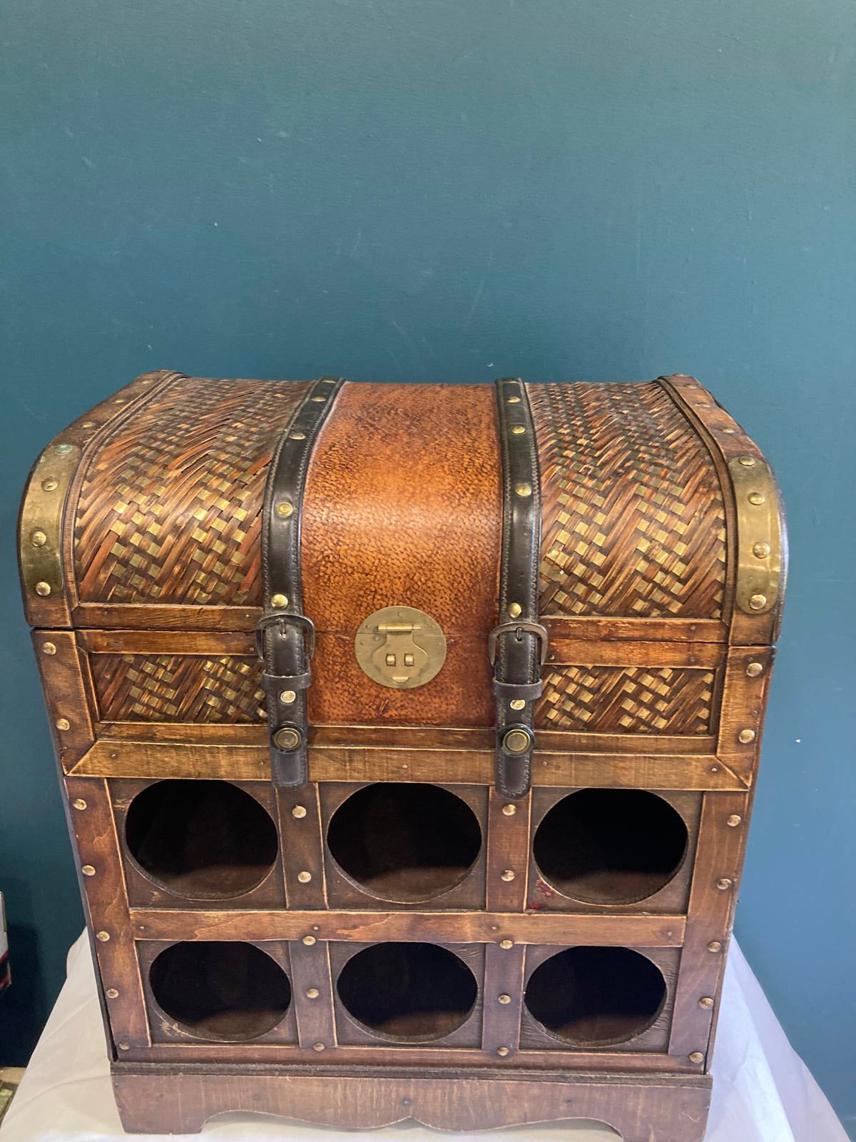 Vintage Trunk Style Wood & Rattan Wine Rack Chest