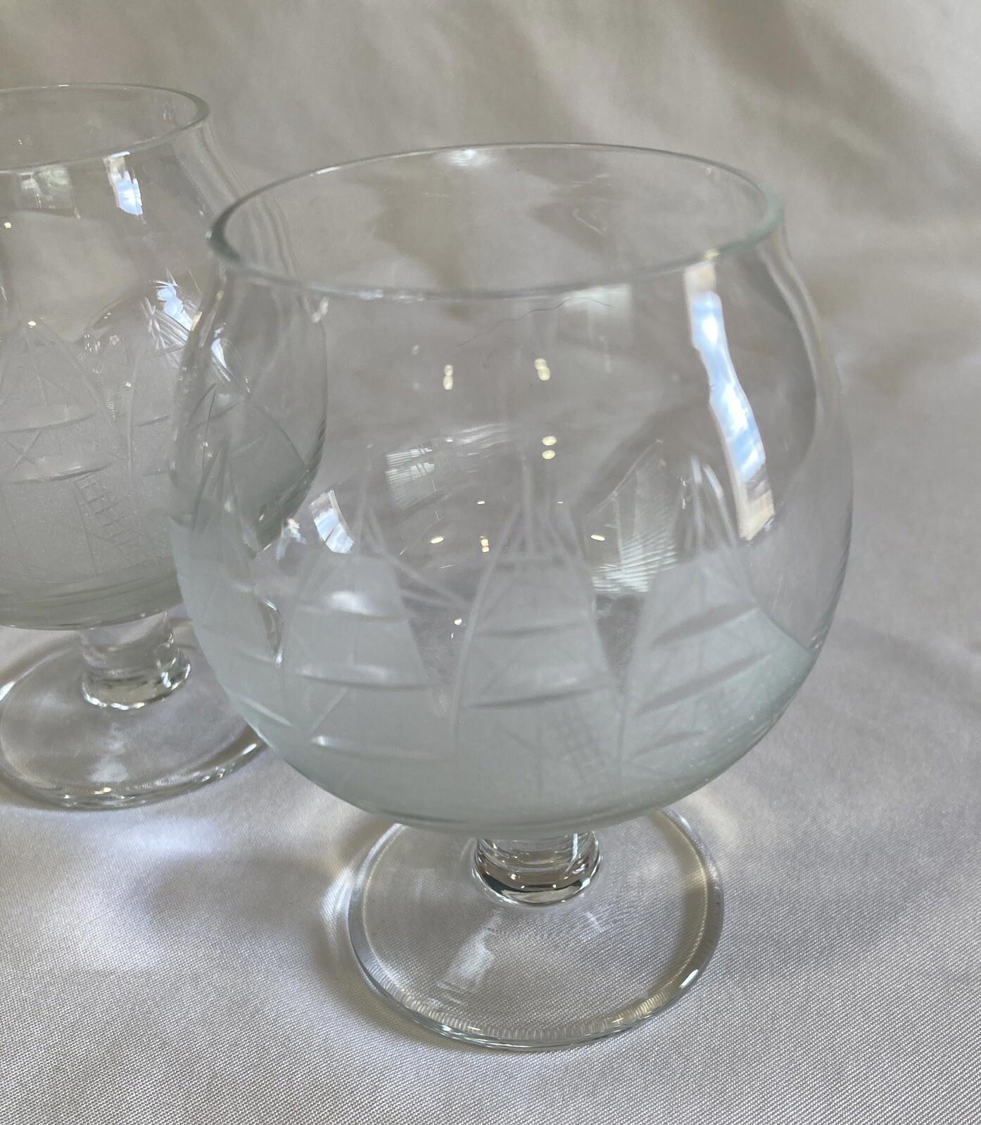 Midcentury Toscany Brandy Decanter with Etched Ships and 6 Glasses Vintage Bar