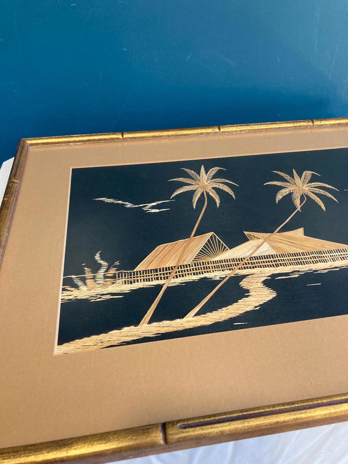 Vintage Straw Art Picture - Mid-Century Tropical Asian Scene